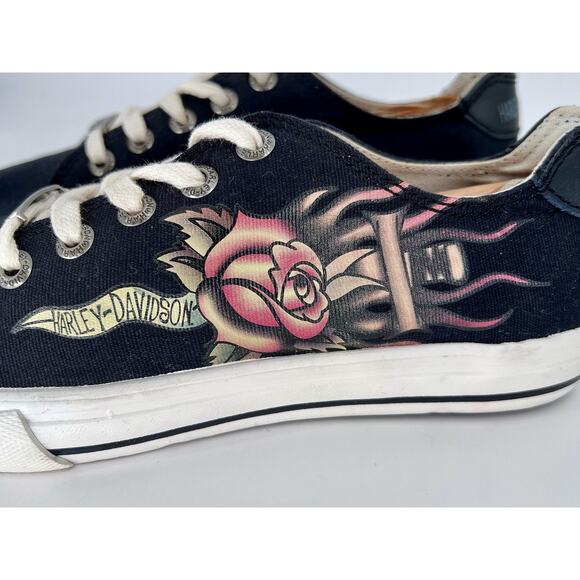 HARLEY-DAVIDSON D83605 Womens Rose & Dagger Canvas Low Tops Black Sz 9.5 NWT - Picture 2 of 12